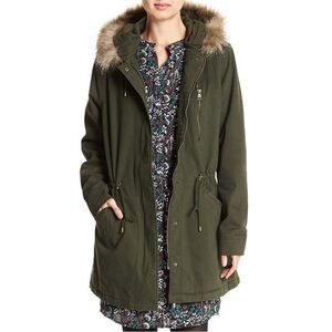 Banana Republic Olive Green Faux Fur Twill Parka Jacket